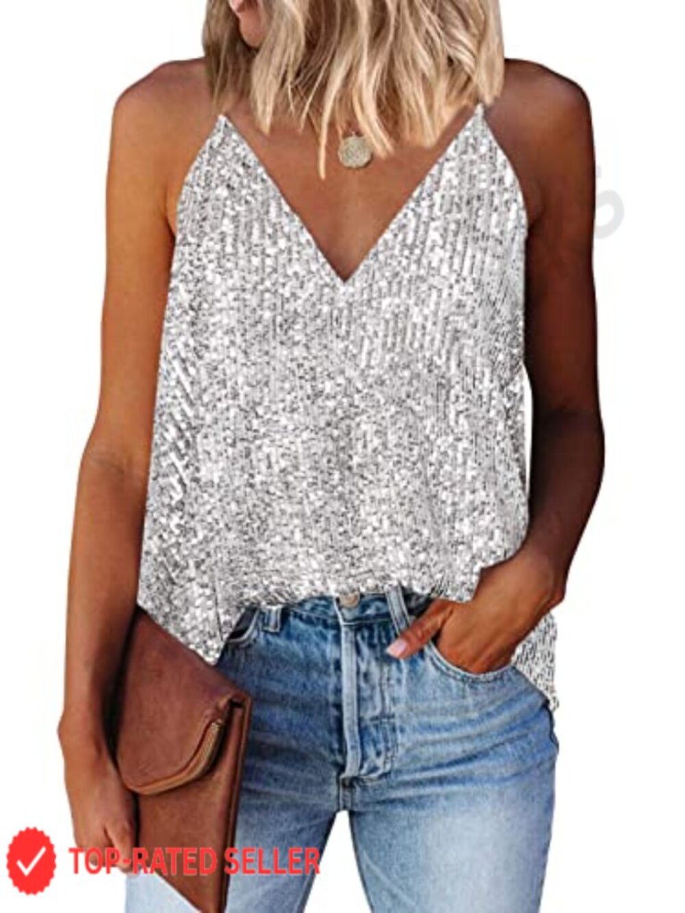 Sequin V Neck Racerback Tank Top Sleeveless Party Clubwear